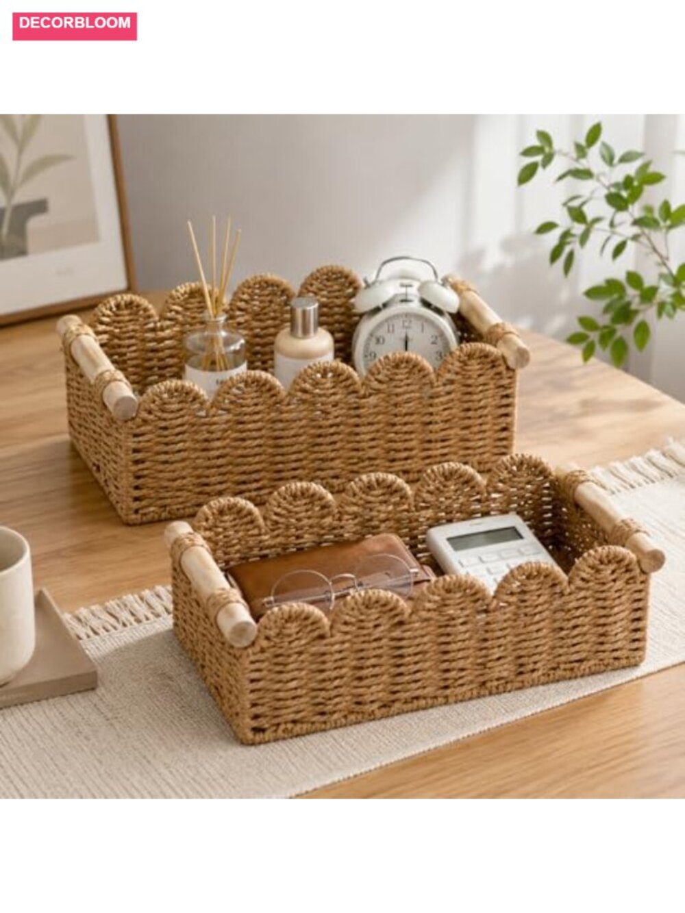 Handwoven Natural Fiber Storage Basket Wooden Handles Multi-Purpose Organizer